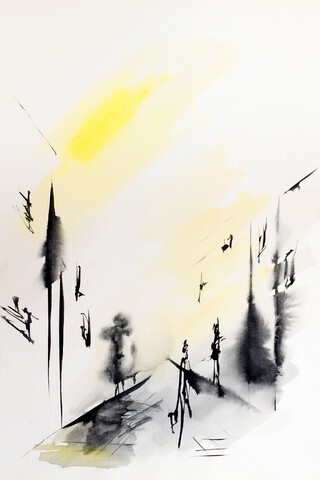 City abstraction with houses windows and passers-by drawn by ink and water color